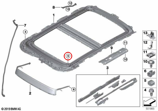 Tope de goma de techo corredizo OEM 54107379626 para MINI 3 Puertas F56/F66, 5 Puertas F55/F65, Clubman F54 y Countryman F60. Original MINI