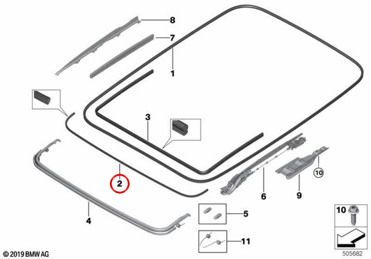 Junta da estrutura do teto solar OEM 54107409144 para BMW G12. BMW genuíno.