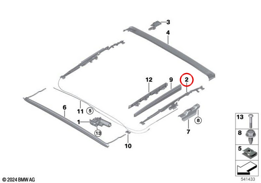 Mecanismo de teto solar OEM 54108737872 para BMW G42, G87, G20, G80, G26. BMW genuíno.