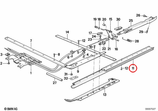 Guida alla finestra sinistra OEM 54121909757 per BMW E24. BMW originale.