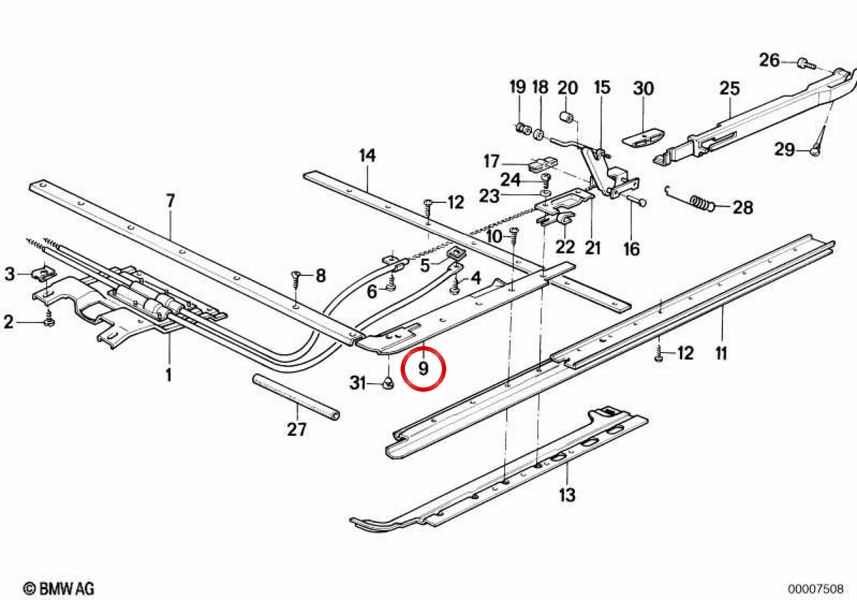 Rechte Schiebetuide 54121933214 für BMW E21, E30, E28, E23. Original BMW.