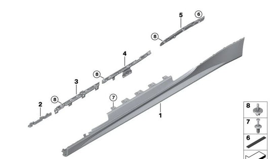 Soporte lateral derecho OEM 51777490686 para BMW G22, G22N, G23, G23N. Pieza de montaje original para estribo o faldón lateral. Compatible solo con los modelos indicados. Repuesto original BMW.