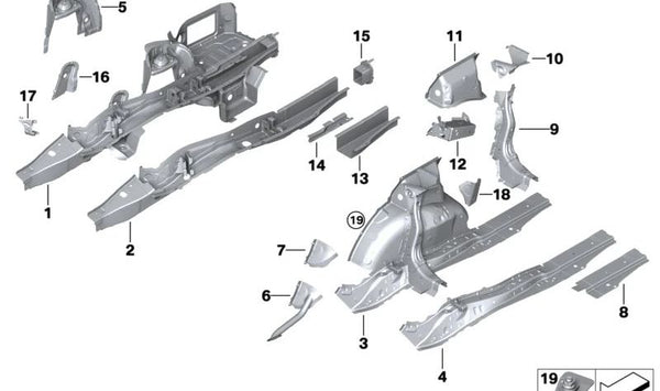 Soporte interior paso de rueda delantero derecho OEM 41007487192 para BMW G20, G21, G80, G81. Compatible con versiones 316d y 318d. Original BMW.