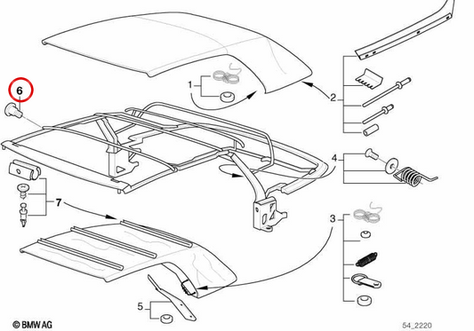 Kit de reparación de juntas para marco de capota OEM 54318220564 para BMW E36. Original BMW.