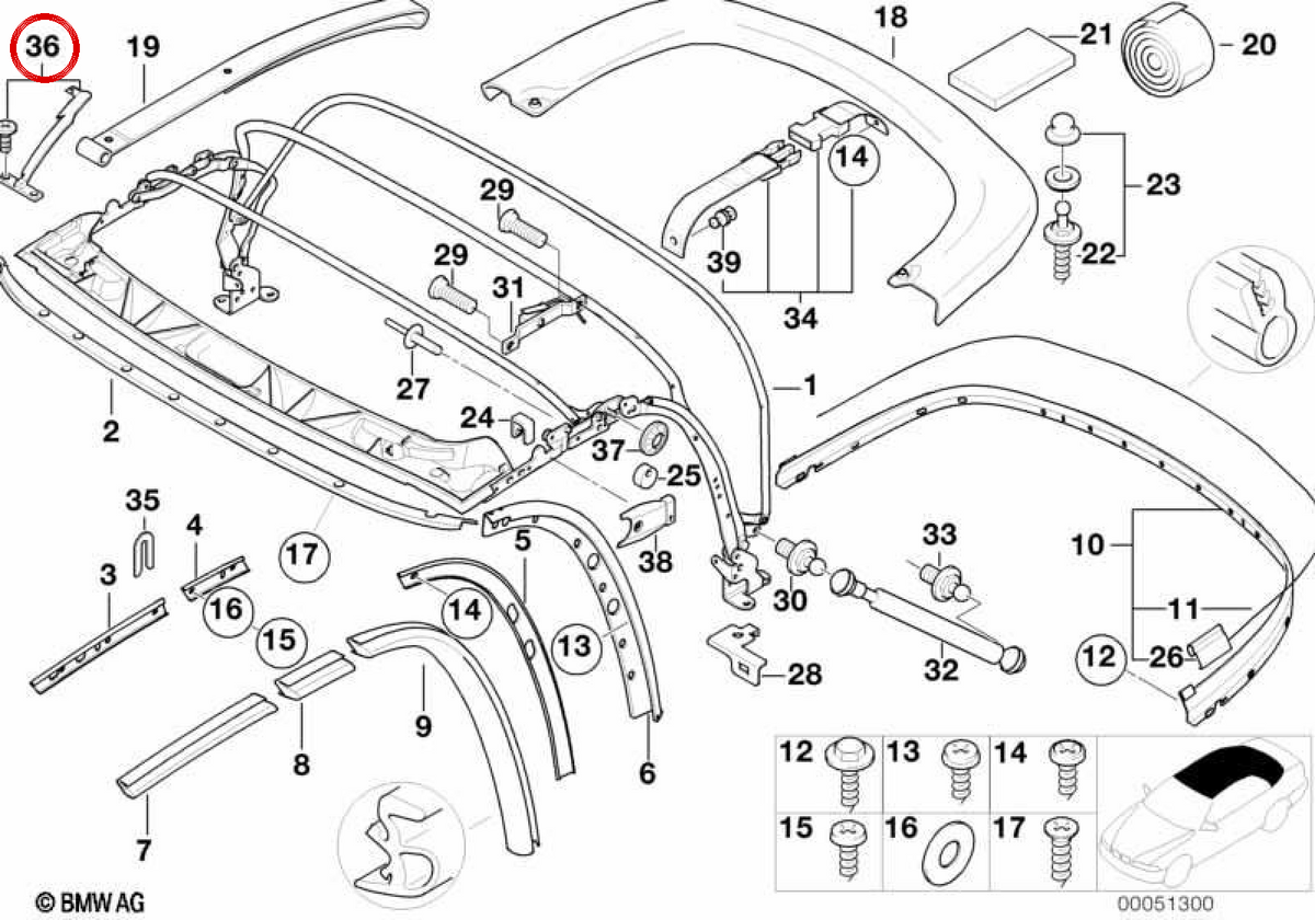 Supporta il kit per Capota OEM 54318411126 per BMW E36 e Z3. BMW originale.