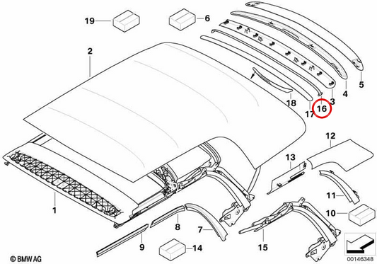 Struttura principale Capota OEM 54347162757 per Mini R52 (One, Cooper, Cooper S) Cabrio. Modelli compatibili: RF31, RF32, RF41, RF42, RH31, RH32, RH41, RH42, RD31, RD32. Mini originale.