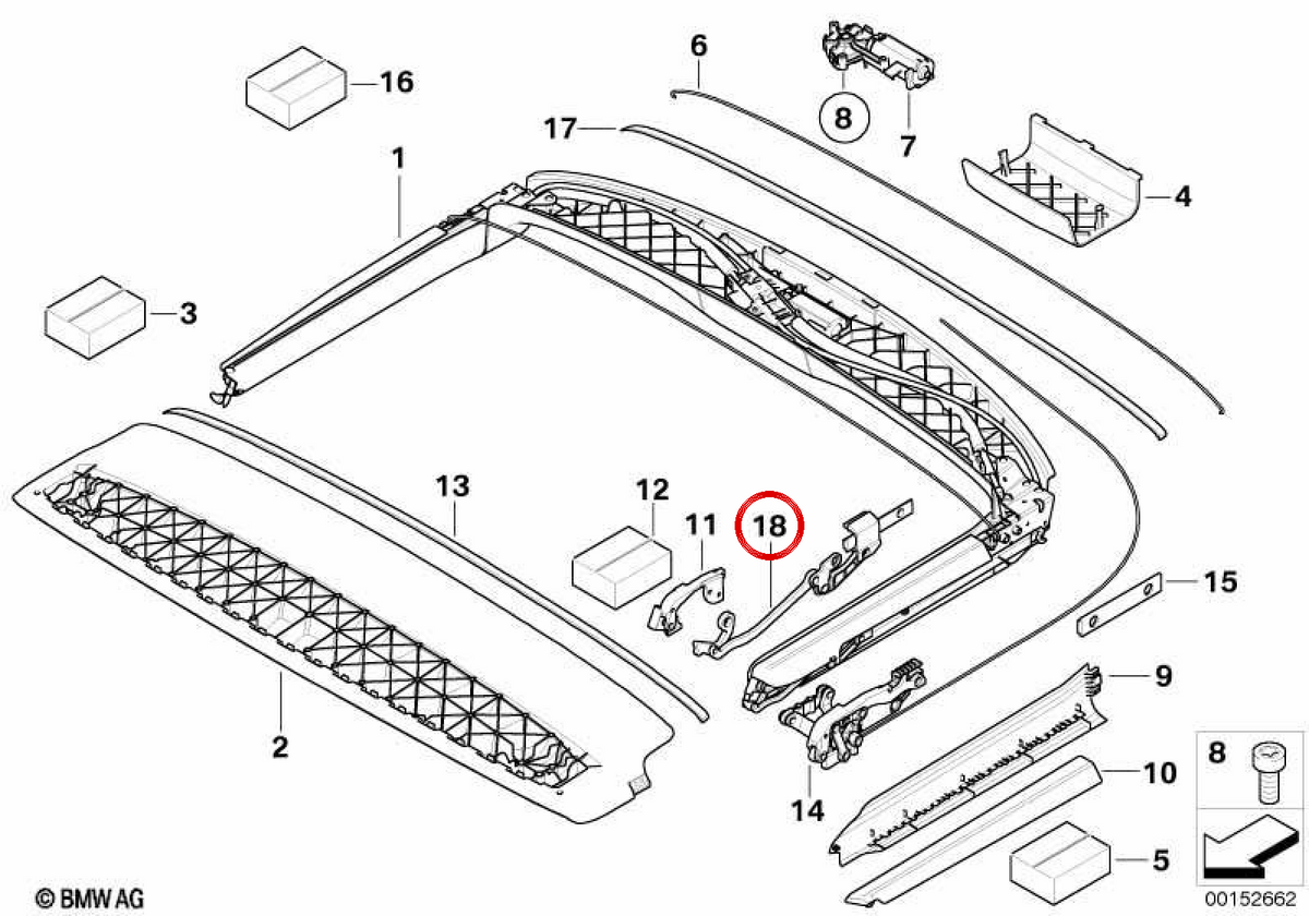 Gancio chiusura cofano OEM 54347174763 per MINI Cabrio R52 (2002-2008). MINI originale.