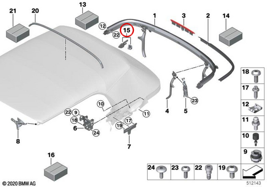 Set di elementi di fissaggio per arco tenditore OEM 54347463741 per MINI Cabrio F57, F57 LCI, F67... e altro ancora. MINI originale.