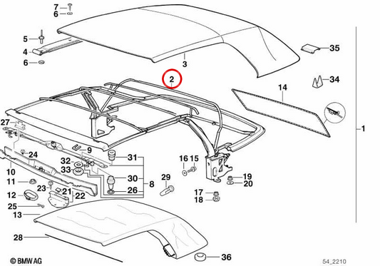Struttura del tetto convertibile OEM 54348215986 per BMW E36. BMW originale.