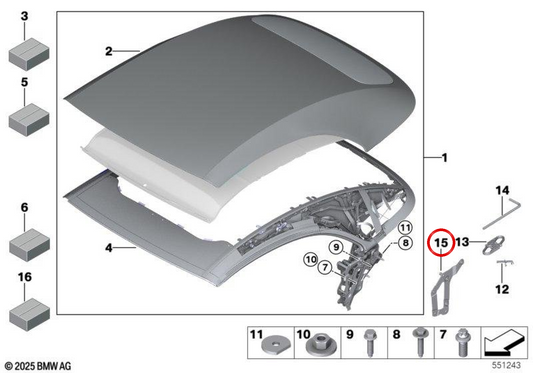 Soporte izquierdo de la capota OEM 54348494381 para BMW G23, G83. Original BMW.