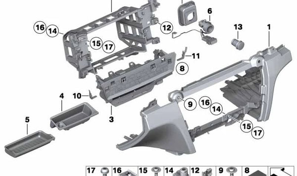 Compartimento portaobjetos delantero OEM 51169182502 para BMW F01, F02, F04. Original BMW.