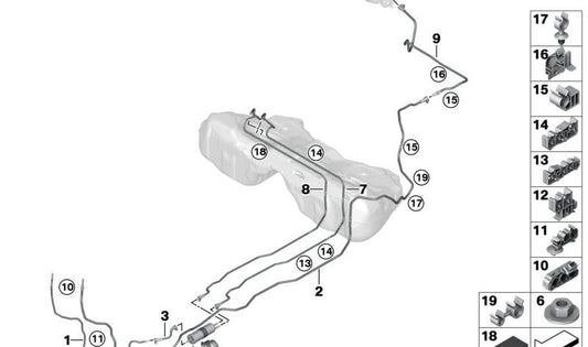 Tubería delantera de combustible OEM 16128096471 para BMW F90, F90N, F91, F92, F93. Original BMW.