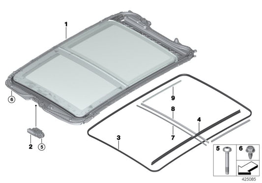 Junta de tapa de cristal trasera OEM 54107391795 para BMW F45, F46, F48. Compatible con versiones con techo panorámico eléctrico. Recambio original BMW.