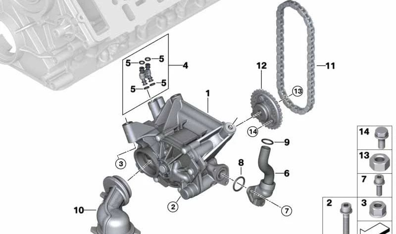 Bomba de aceite OEM 11418601072 para BMW G30, G31, G11, G12, G14, G15, G16, G05, G06, G07. Compatible con versiones Alpina B5, B7 y M550i xDrive. Original BMW.