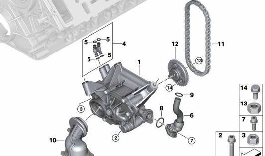 Bomba de aceite OEM 11418601072 para BMW G30, G31, G11, G12, G14, G15, G16, G05, G06, G07. Compatible con versiones Alpina B5, B7 y M550i xDrive. Original BMW.