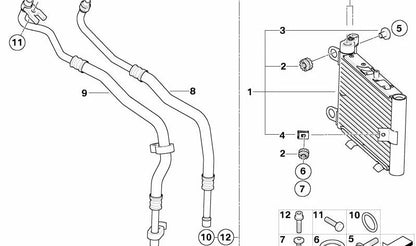 Tubo de aceite motor OEM 17223448667 para BMW X3 E83 2.5si y 3.0si (producción 2006-2010). Conexión del radiador de aceite delantero. Original BMW.