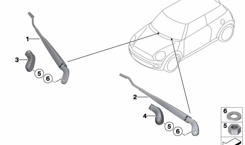Brazo limpiaparabrisas lado acompañante OEM 61619449973 para MINI R56, R56 LCI, Clubman R55, Cabrio R57... y más. Original MINI.