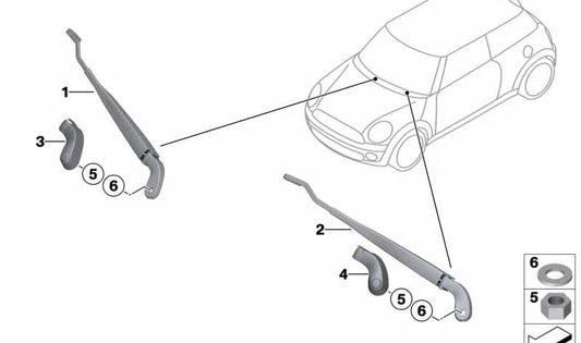 Brazo limpiaparabrisas lado acompañante OEM 61619449973 para MINI R56, R56 LCI, Clubman R55, Cabrio R57... y más. Original MINI.