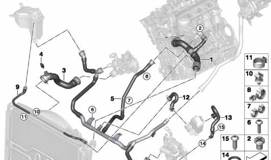 Tubo retorno calefacción al termostato OEM 17127548228 para BMW E90, E90N, E91, E91N, E92, E92N, E93, E93N. Original BMW.
