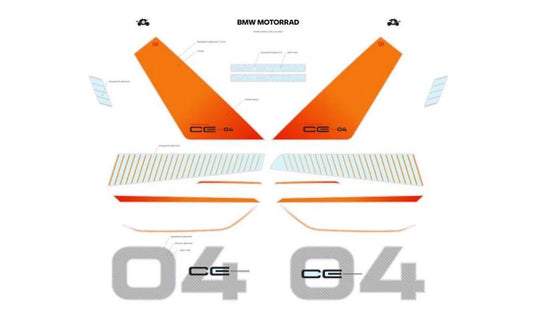 Set de pegatinas OEM 77315A34131 para BMW Motorrad CE 04 (CK07). Personaliza tu scooter con el estilo del concept bike Definition CE 04. Original BMW Motorrad.