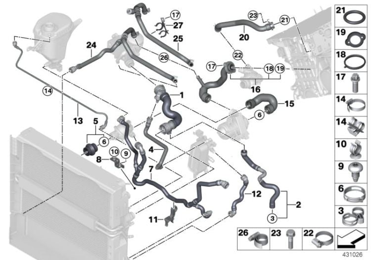 Manguera intercambiador de calor aceite motor OEM 11537581872 para BMW Serie 5 F10, F11 y Serie 7 F01, F02... y más. Original BMW.