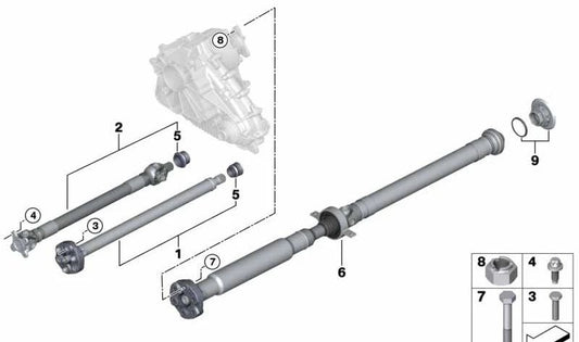 Cardán trasero OEM 26107564398 para BMW X5 (E70) y BMW X6 (E71). Compatible con modelos X5 3.0d, 3.0sd, 4.8i y X6 xDrive30d, xDrive35d. Original BMW.