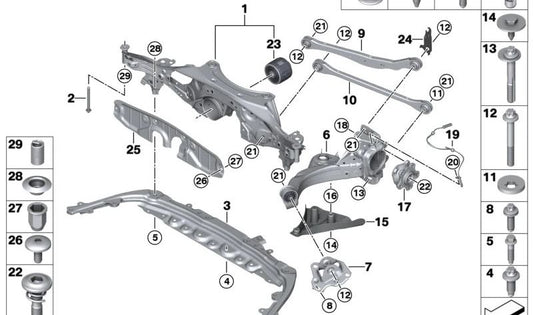 Cojinete trasero OEM 33369894732 para BMW Serie 2 U06 (225e, 230e xDrive) y BMW X1 U11 (xDrive25e, xDrive30e, iX1 xDrive30). Original BMW.