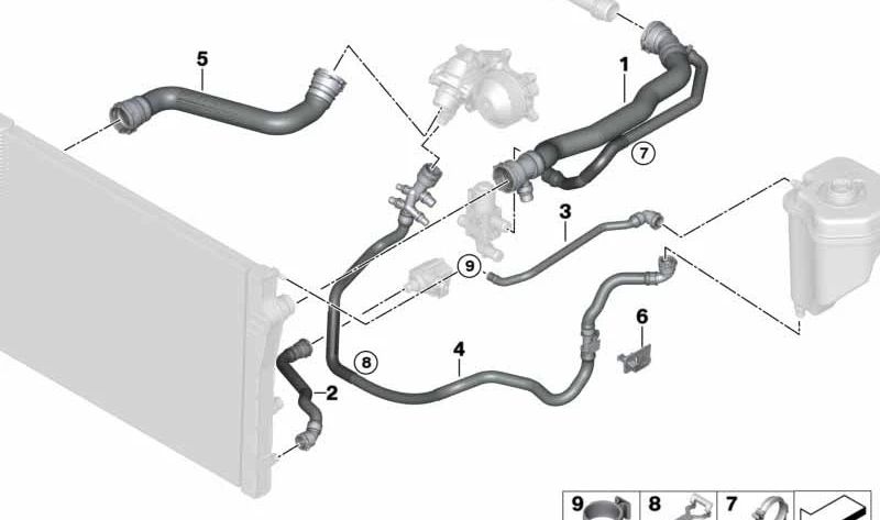 Manguera inferior de radiador al termostato OEM 17128517968 para BMW F15. Recambio original BMW.
