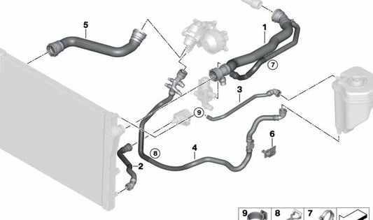Manguera inferior de radiador al termostato OEM 17128517968 para BMW F15. Recambio original BMW.