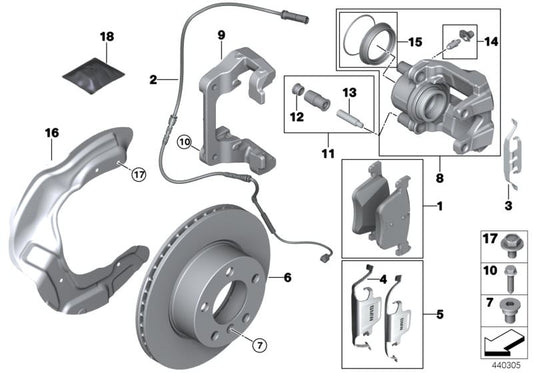 Juego de clips de retención para pinzas de freno OEM 34112359854 con logo BMW para BMW F20, F21, F22, F23, F30, F31, F32, F33, F36. Delantero y trasero. Original BMW.