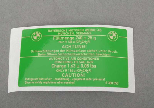 Etiqueta adhesiva OEM 64508380053 para sistema de aire acondicionado (gas refrigerante) para BMW E46, E83. Original BMW.
