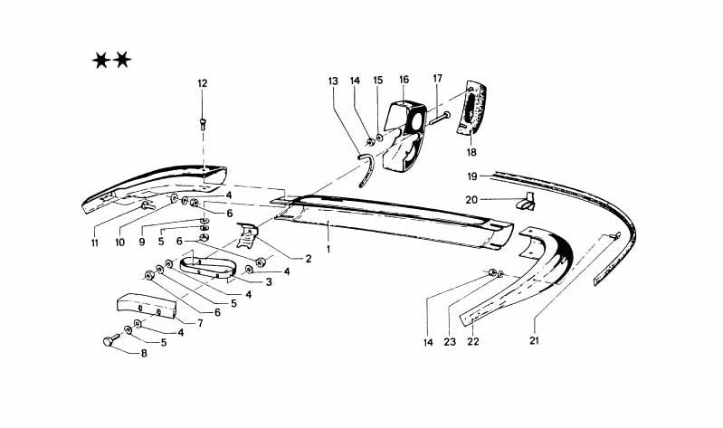 Protector de paragolpes trasero izquierdo OEM 51121816417 para BMW E21 (modelos USA). Original BMW.