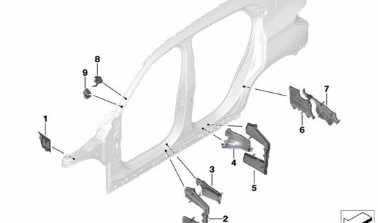 Left inner C-pillar part for BMW X1 F48, F49, X2 F39 (OEM 41009625621). Original BMW.