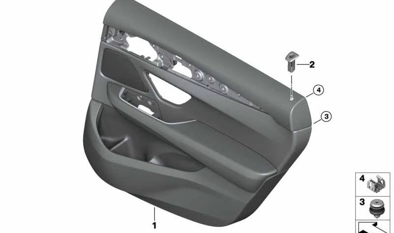 Panel interior puerta trasera izquierda OEM 51425A13345 para BMW G32 (incluye 620d, 620d xDrive, 630d, 630d xDrive, 630i, 630i xDrive). Color negro. Original BMW.
