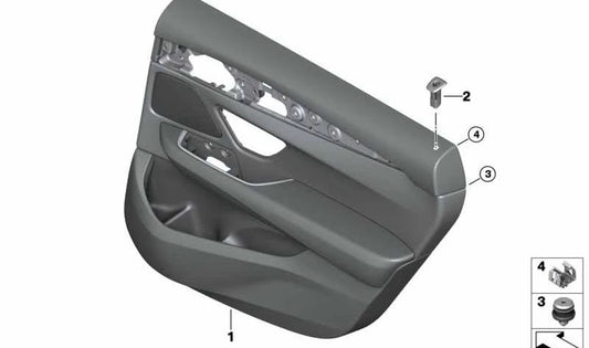 Panel interior puerta trasera izquierda OEM 51425A13345 para BMW G32 (incluye 620d, 620d xDrive, 630d, 630d xDrive, 630i, 630i xDrive). Color negro. Original BMW.