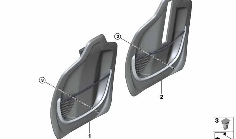 Respaldo de asiento con red portaobjetos OEM 52107372296 para BMW F45, F46, F48. Original BMW.