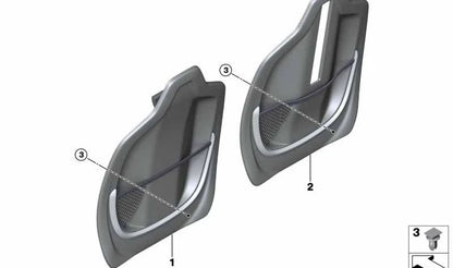 Respaldo de asiento con red portaobjetos OEM 52107372296 para BMW F45, F46, F48. Original BMW.