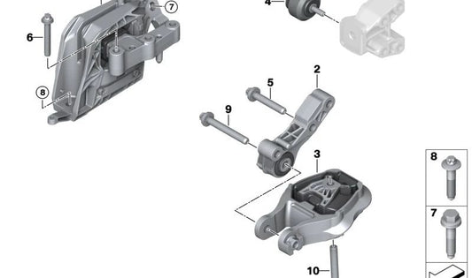 Suporte ao motor direito para Mini F65, F66, U25 e BMW 1 F70 Series, Série 2 U06, X1 U11, U12, X2 U10 (OEM 22119423376). BMW original