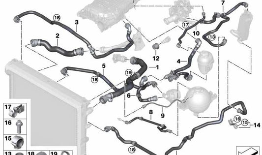 Manguera del depósito de expansión OEM 17129894754 para BMW X3 G01 y X4 G02. Compatible con modelos M40i con motor B58. Original BMW.