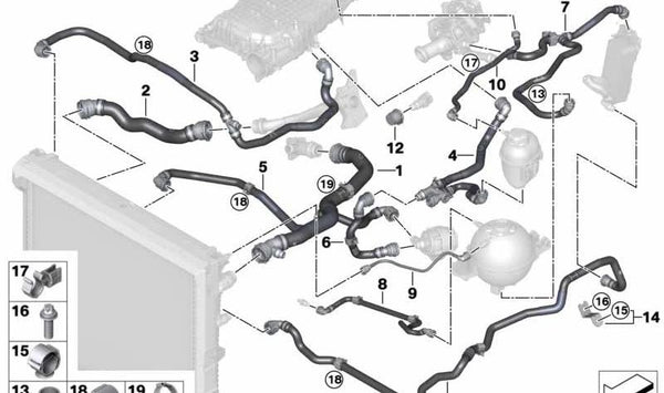 Manguera de cilindro a vaso de expansión OEM 17127535559 para BMW G01, G02. Original BMW.
