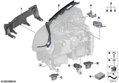 Left Headlight Bracket for BMW F90N, G30N, G31N, G38N (OEM 63119879643). Original BMW