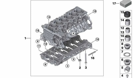 Cylinder crankcase with piston for BMW 1 Series E81, E82, E87, E88, 3 Series E90, E92, E93, 5 Series E60, 6 Series E63, E64, 7 Series F01, F02, X3 E83, X5 E70, Z4 E85, E86 (OEM 11110422904). Genuine BMW