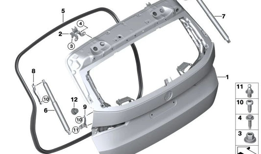 Soporte hidráulico maletero OEM 51249450466 para BMW X1 U11, U12. Sustituye el brazo de apertura del portón trasero. Original BMW.