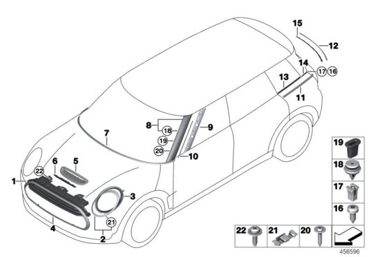 Listón de adorno Splitdoor izquierdo OEM 51137473263 para MINI Clubman F54, F54 LCI. Original MINI.