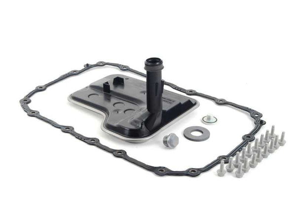 Kit de filtro de aceite para caja de cambios automática OEM 24152357284 para BMW E81, E82, E87, E88, E90, E91, E92, E93, E84, E83. Incluye junta, imán, tornillos y tapón de drenaje. Original BMW.