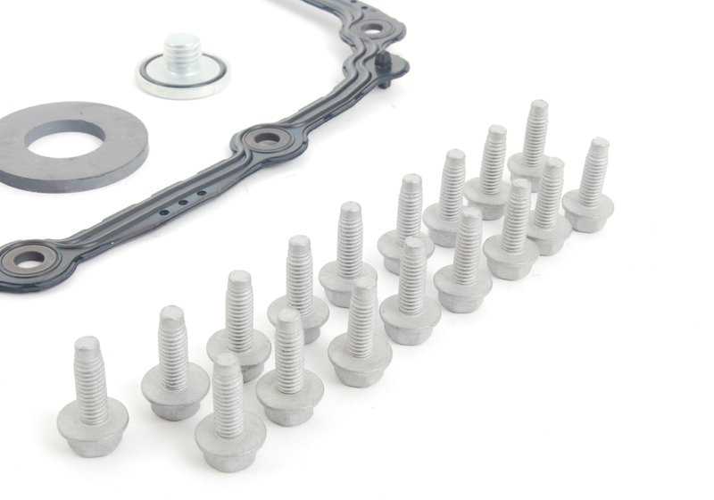 Kit de filtro de óleo para caixa de câmbio automática OEM 24152357284 para BMW E81, E82, E87, E88, E90, E91, E92, E93, E84, E83. Inclui junta, ímã, parafusos e plugue de drenagem. BMW original.