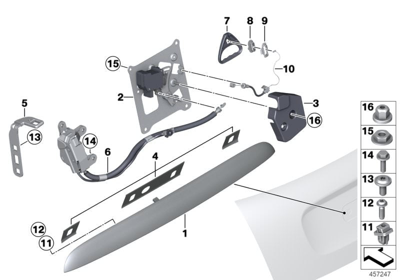 Cerradura derecha de tapa del maletero OEM 51247195100 para MINI Cabrio R57, R57 LCI, F57, F57 LCI, F57 BEV, F67. Original MINI.