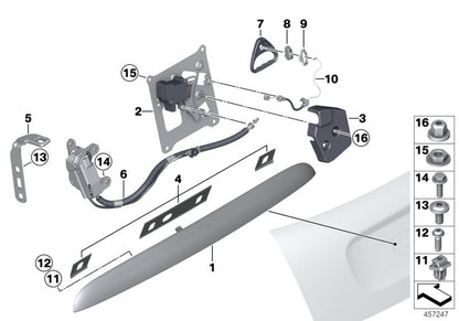Cerradura derecha de tapa del maletero OEM 51247195100 para MINI Cabrio R57, R57 LCI, F57, F57 LCI, F57 BEV, F67. Original MINI.