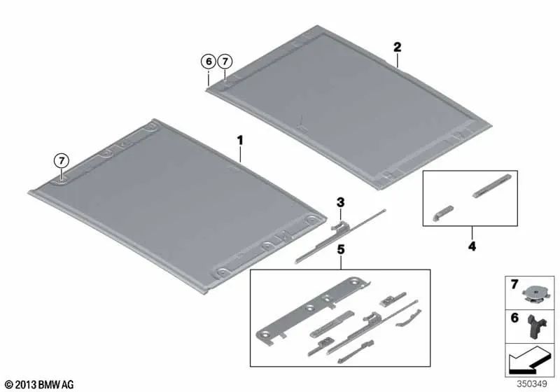 Rear sunroof slider set for BMW E91, E91N, E61, E61N, E83, E83N, E53, E70, F15, F85 (OEM 54137155683). Original BMW.