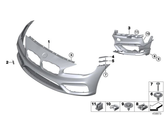 Revestimiento de parachoques delantero imprimado OEM 51117407680 para BMW Serie 2 F45 Active Tourer, F46 Gran Tourer. Original BMW.